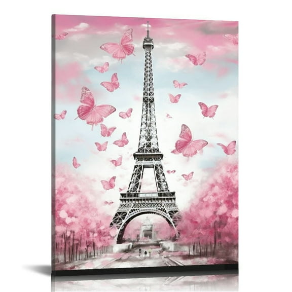 COMIO  Living Room Pink and Gray Canvas Wall Art Bedroom Bathroom Girl Pink Paris Theme Room Decoration London Eiffel Tower Butterfly Painting Golden Gate Bridge Wall Decoration