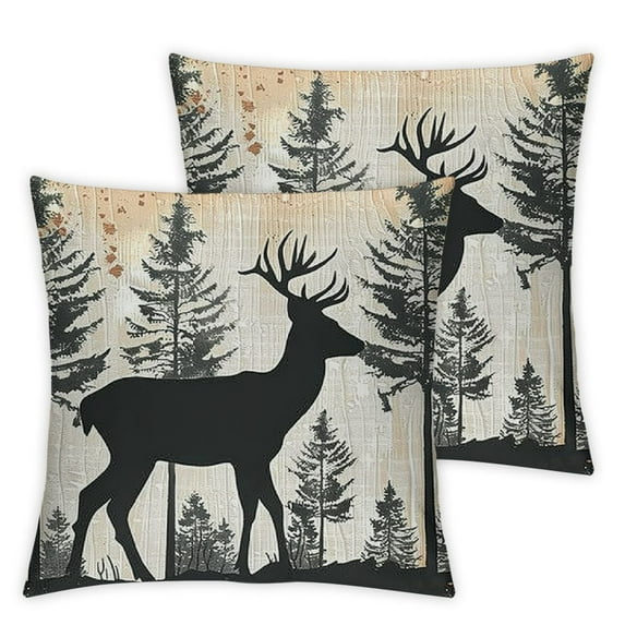COMIO Lodge Cabin Throw Pillow Cover Wild Deer Animal Pine Trees Silhouette Pillow Case for Kids Teens Adults Black White Grid Rustic Jungle Style Cushion Cover 2pc