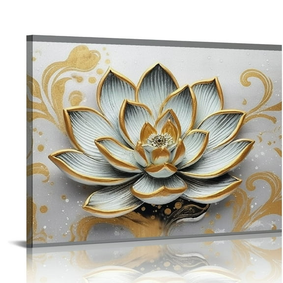 COMIO Lotus Flower Canvas Wall Art Gold Gray Painting Pictures Framed Zen Yoga Room Artwork Prints Minimalism Home Ofiice Dceor 20x16in
