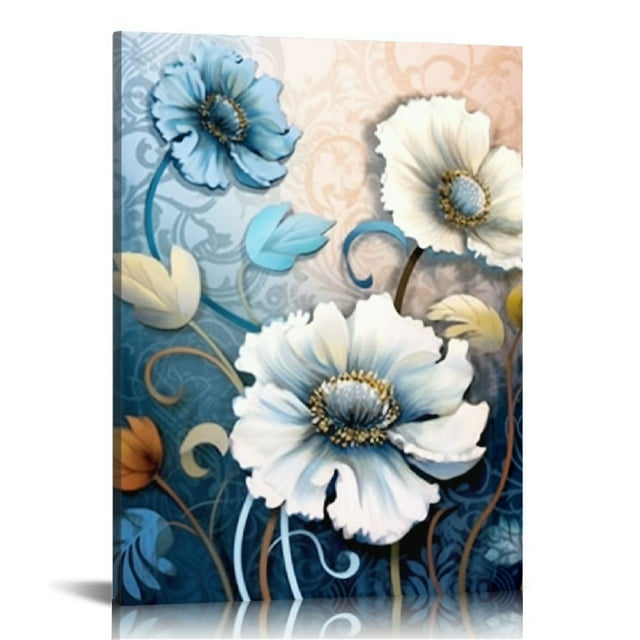 COMIO Lotus Flower Canvas Wall Art for Living Room White and Indigo