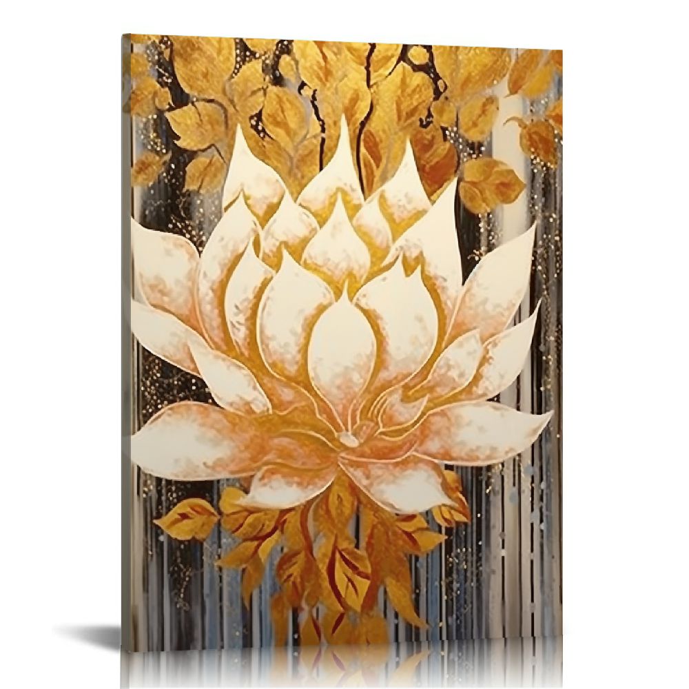 COMIO Lotus Flower Wall Art Abstract Golden Floral Painting Canvas ...