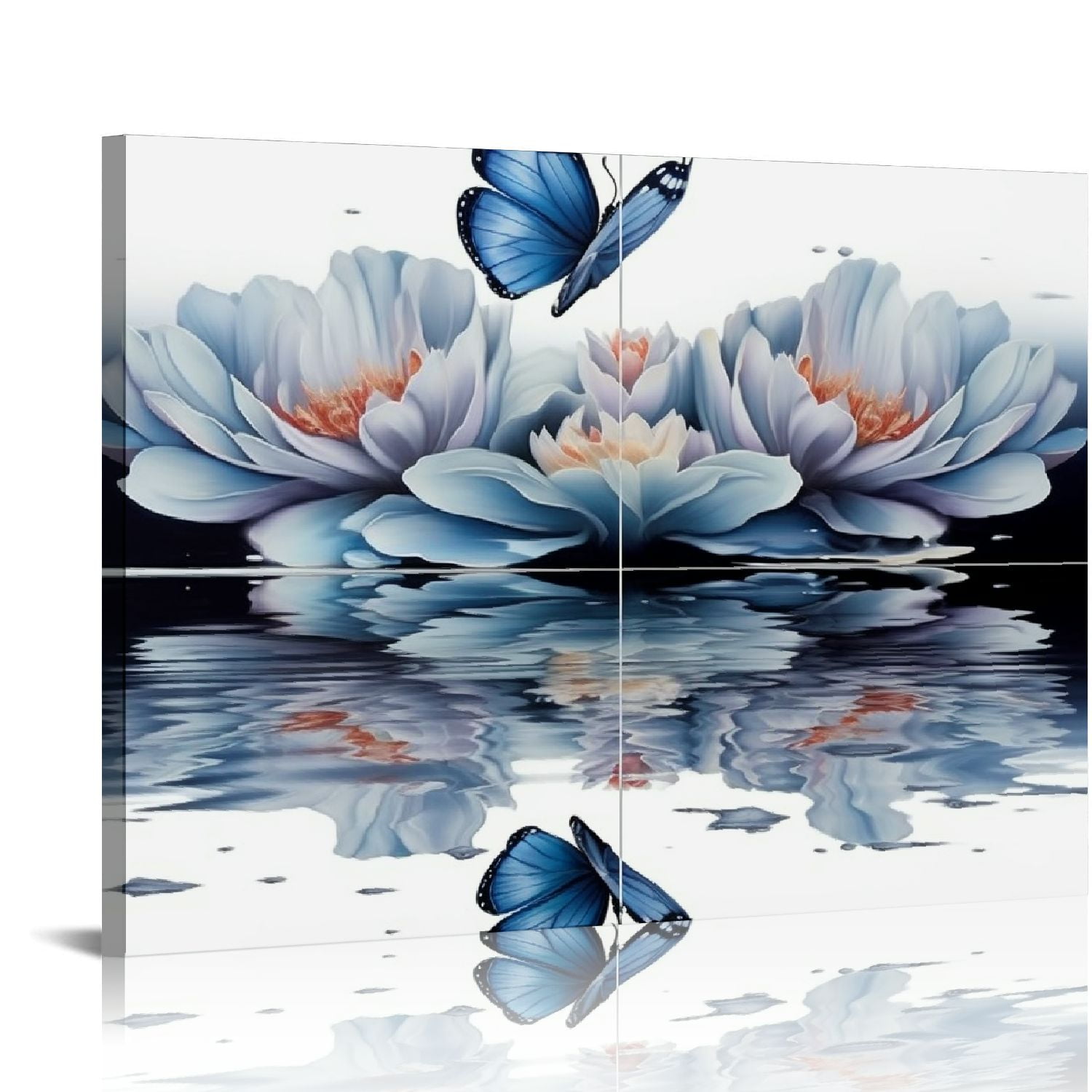 COMIO Lotus Flower Wall Art Navy Blue Floral with Butterfly Painting ...