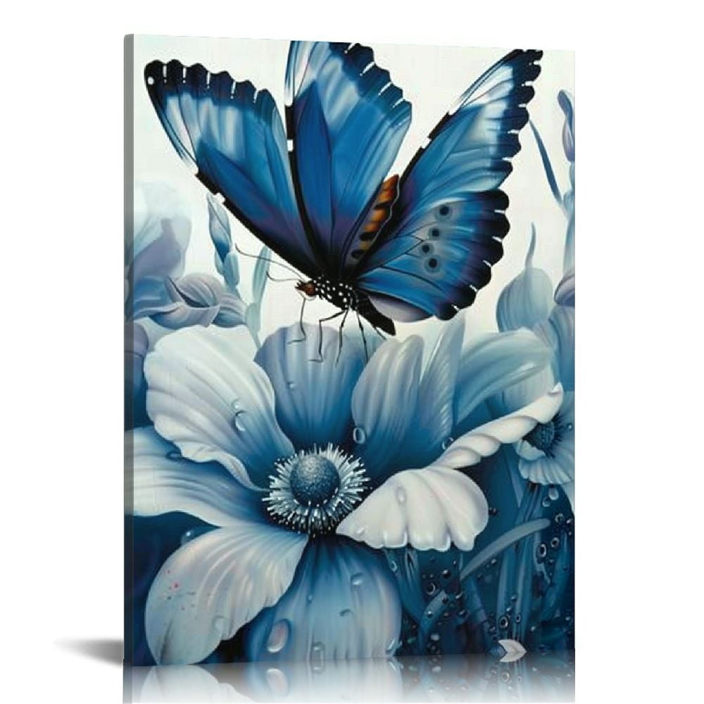 COMIO Lotus Flower Wall Art Navy Blue Floral with Butterfly Painting ...