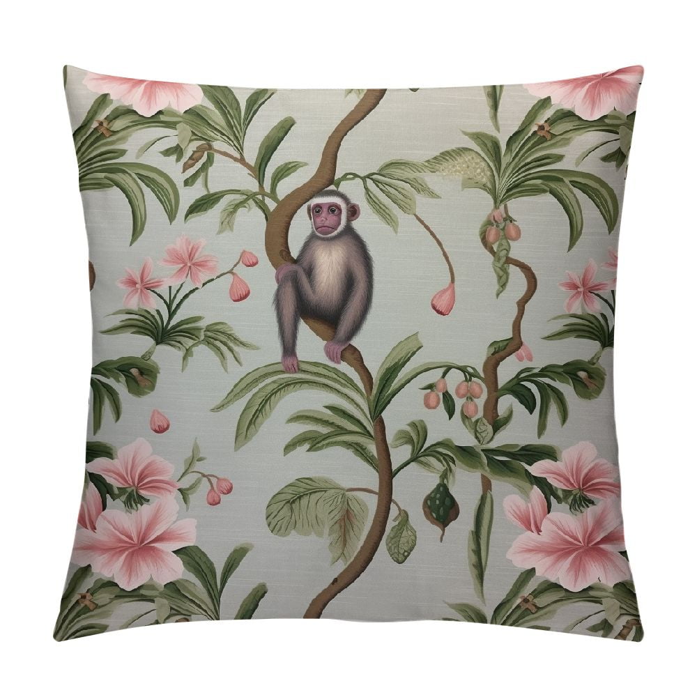 COMIO Lovely Monkey Throw Pillow Cover Tropical Vintage Hibiscus Peach