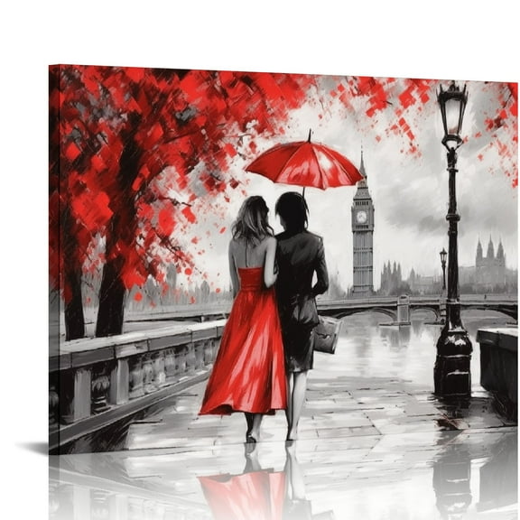 COMIO  Lovers Canvas Wall Art Couple Kissing in Rain with Red Umbrella Artwork Romantic Painting for Living Room Bedroom Bathroom Wall Decor Stretched and Framed Ready to Hang