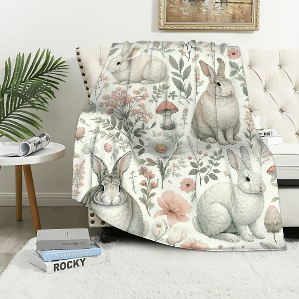 COMIO Luxury Plush Easter Blanket Cute Bunny Easter Egg Flower Leaves Throw Blanket for Couch