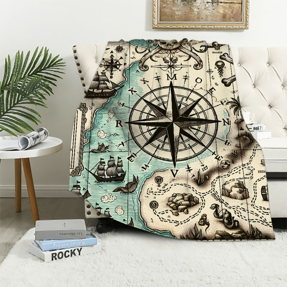 COMIO Map Throw Blanket Treasure Map and Pirate Emblem Sailboat Compass