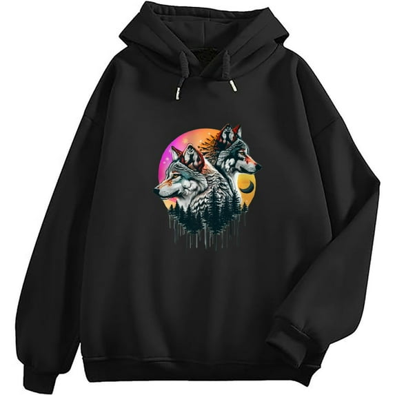 COMIO Men's Pullover Hoodie Two Wolves Howling at the Moon in the Forest Watercolor Black