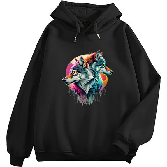 COMIO Men's Pullover Hoodie Wolf Howling at the Moon Watercolor Thrasher Hoodie Black