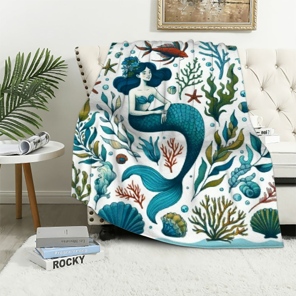 COMIO Mermaid Blanket, Sea Ocean Octopus Coral Reef Fish Seashell