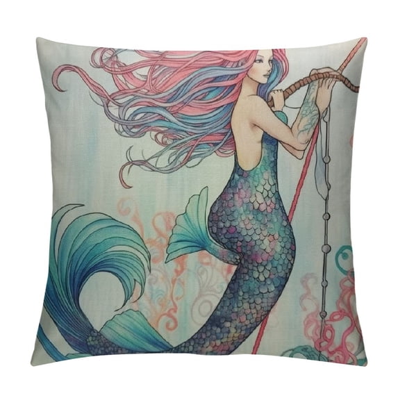 COMIO  Mermaid Throw Pillow Cover Colorful Underwater Corals Beautiful Cartoon Fairy Tale Shell Conch Cozy Square Cushion Case for Men Women Room Home Decor