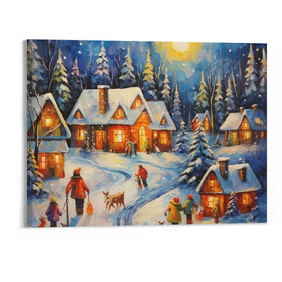 COMIO Merry Christmas Winter Bench Holiday Painting Gallery Wrapped Canvas Print Wall Art 20x16in