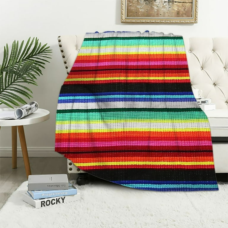 COMIO Mexican Blankets Bulk Authentic Mexican Serape Blanket Mexican Striped Throw Blanket Colorful Fiesta Beach Blanket Fringe Cotton Yoga Blanket