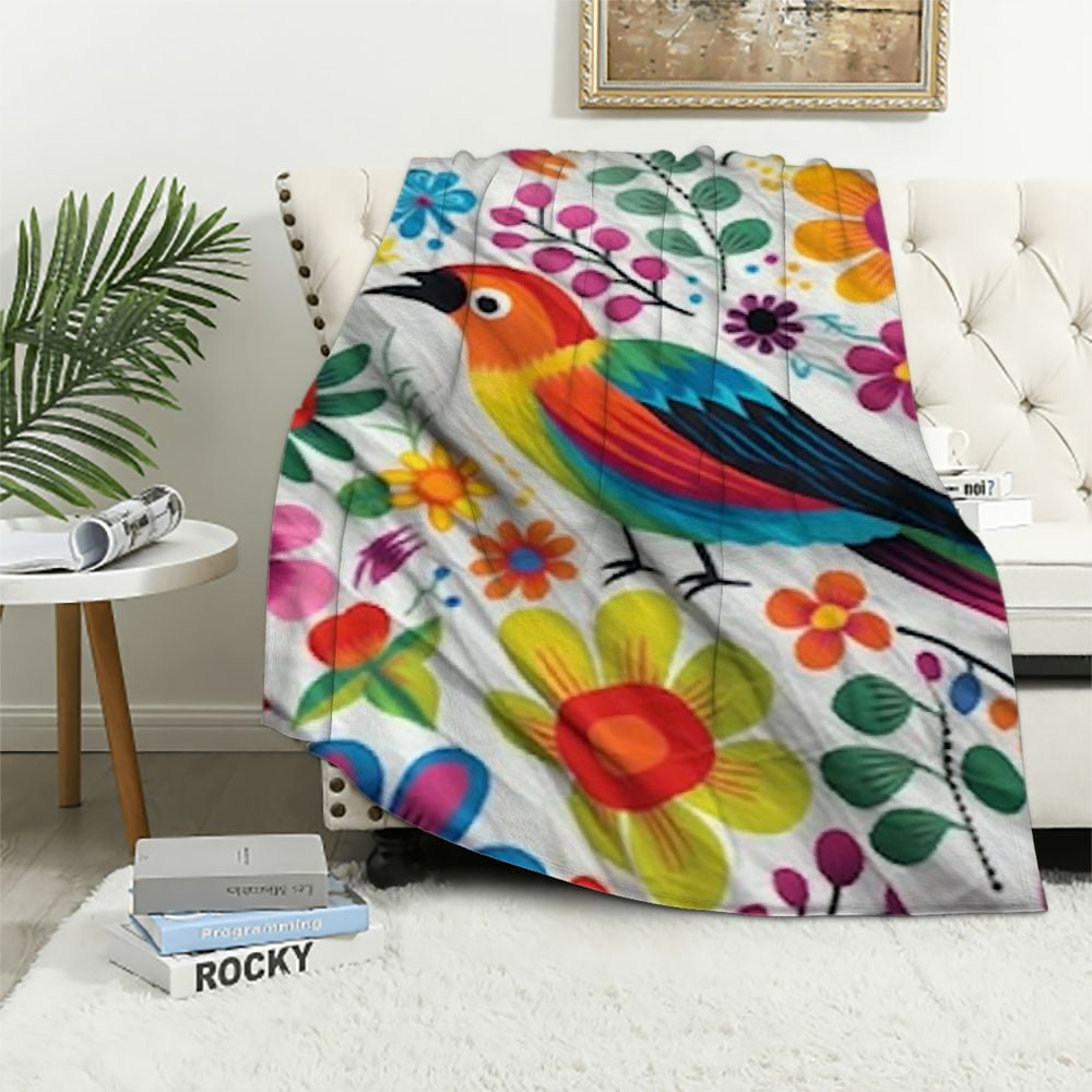 COMIO Mexico Floral Throw Blankets, Traditional Mexican Bluebird Otomi
