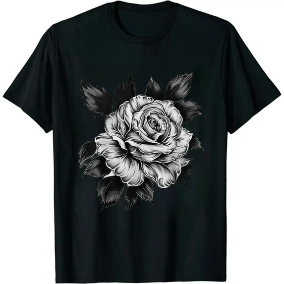 COMIO Minimalistic Rose Flower on black and white Rose T-Shirt