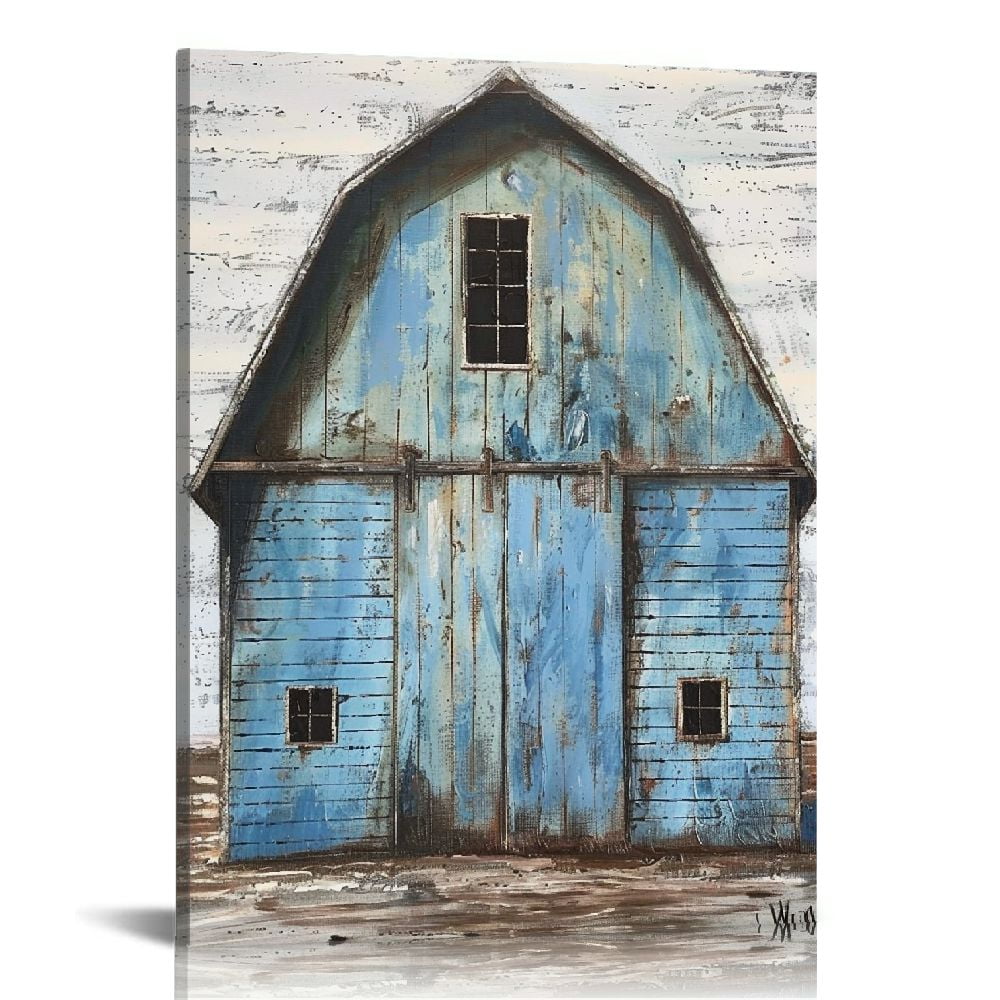 COMIO Modern Abstract Farmhouse Wall Art Teal and Blue Barn Painting ...