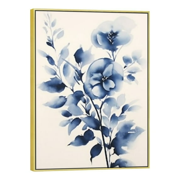 COMIO Modern Blue Floral Painting Canvas Print with Gold Frame, 12x16in / 16x20in 16x20in