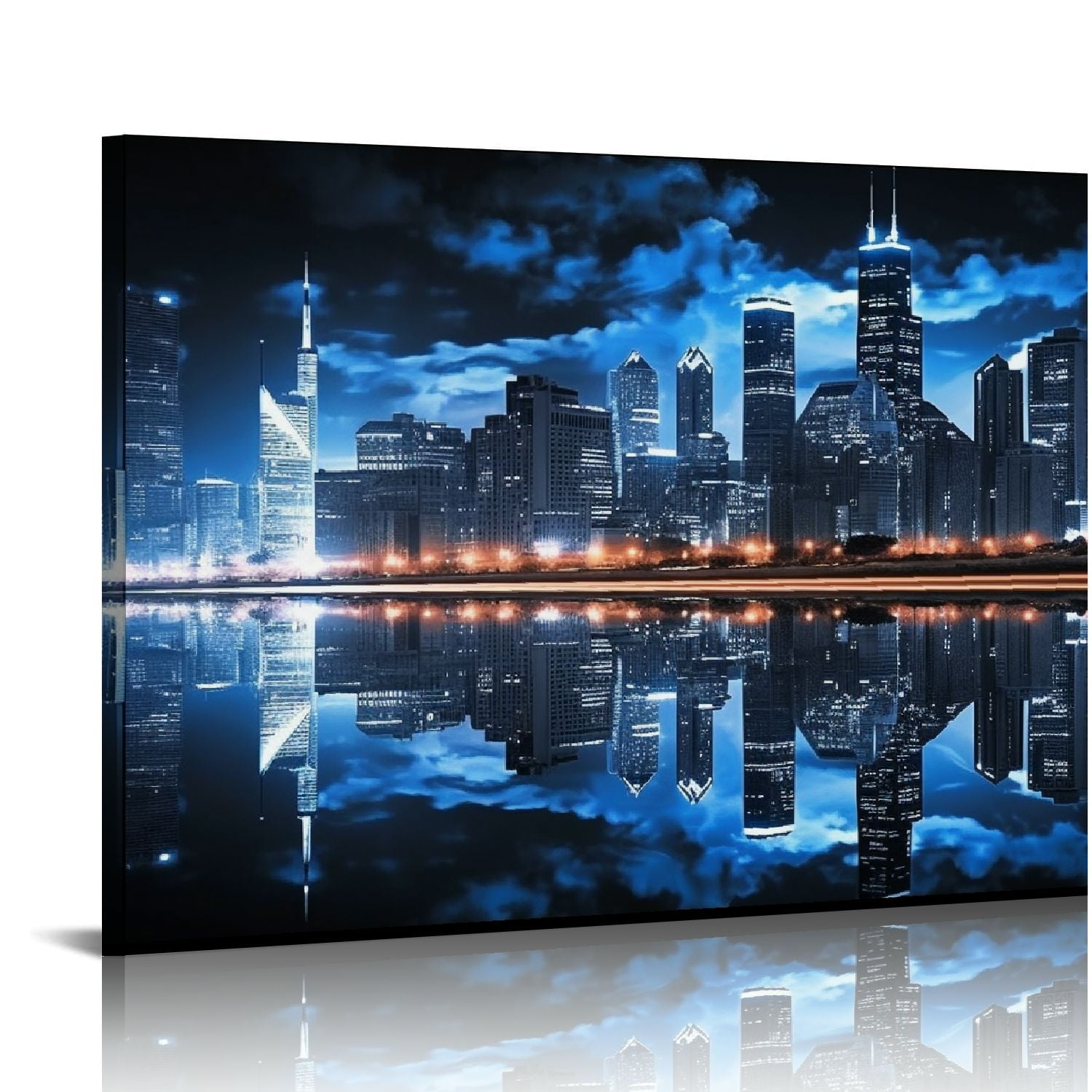 COMIO Modern City Wall Art Chicago Downtown at Night Picture Print on Canvas Building Artwork ...