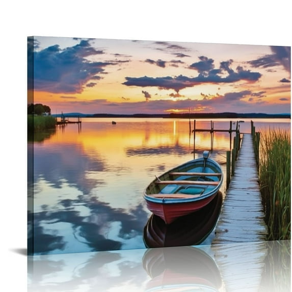 COMIO Modern Nature Sunrise Gallery Artwork Relaxing Long Pier Sand Scenery Prints Large Boat Shore Scene Picture Colorful Mountain Sunset Painting for Living Room