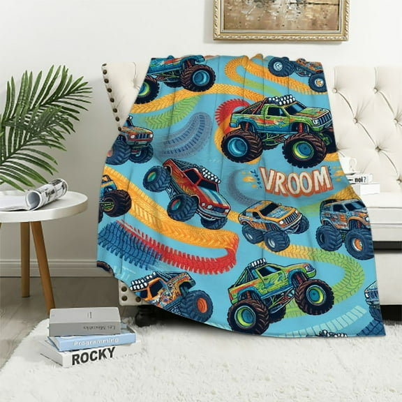 COMIO Monster Truck Cars Pattern Throw Blanket Ultra Soft Warm All Season Decorative Blankets for Bed Chair Car Sofa Couch Bedroom
