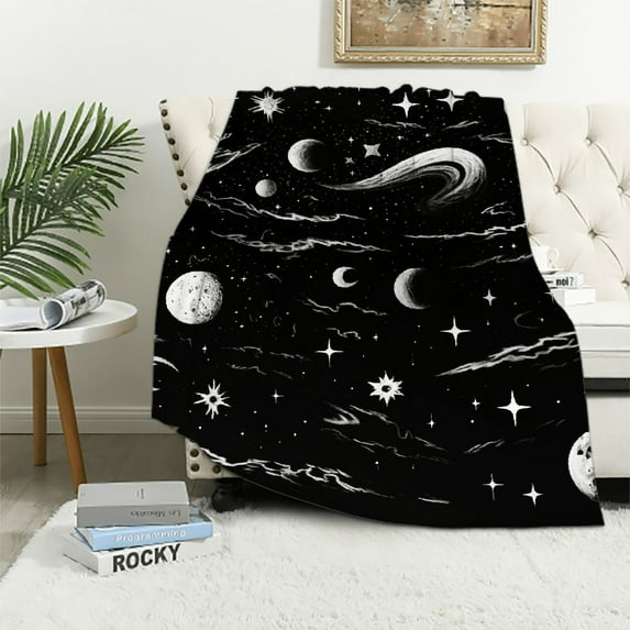 COMIO Moon and Stars Throw Blanket, Moon and Stars Blanket Black Warm Flannel Bed Blanket Lightweight Blanket Throw for Sofa Bed Couch (Kids)