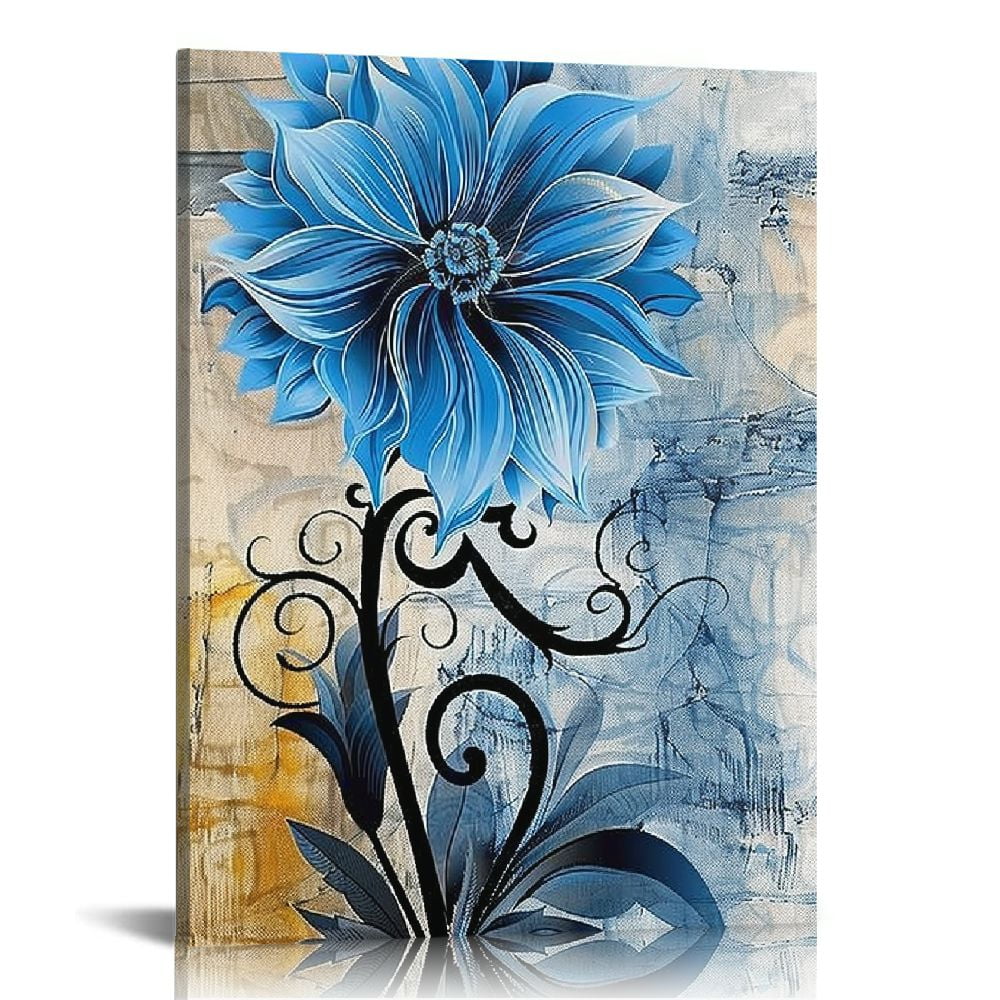 COMIO Mordern Abstract Wall Art - Canvas Wall Art Navy Blue Flower ...