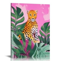 COMIO  Moroccan Leopard Wall Art Print - Jungle Animal with Tropical Leaves Canvas Print - Abstract Pink Cheetah and Plant Artwork for Bathroom Home Decor.