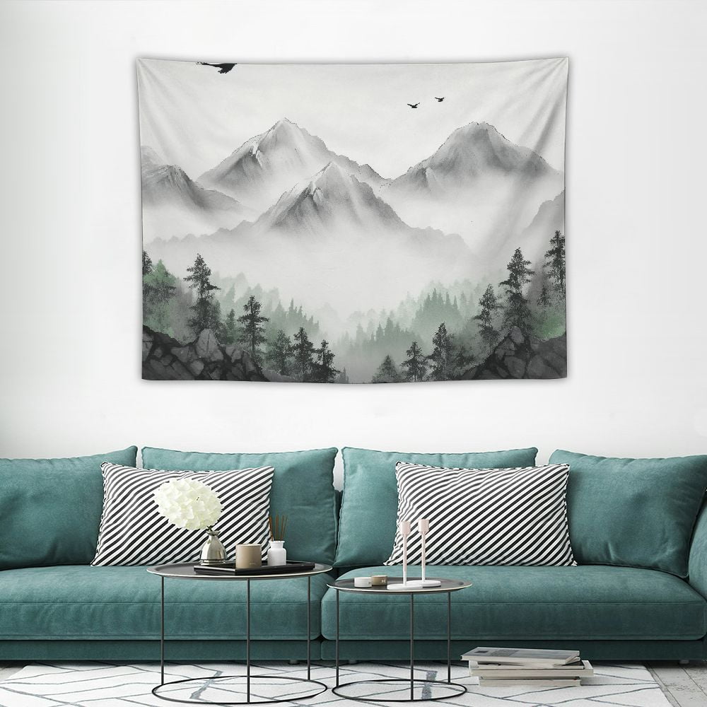 COMIO Mountain Forest Tapestry, Misty Foggy Black and White Tree ...