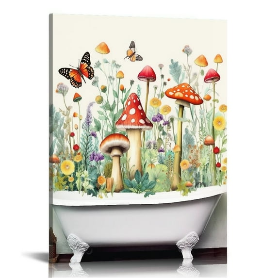 COMIO Mushroom Floral Canvas Wall Art Mushrooms and Flowers with Butterflies in Bathtub Abstract Painting Nature Plant Wall Art for Bathroom Living Room Decor