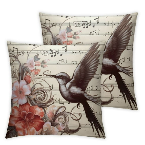 COMIO Music Throw Pillow Cushion Cover, Floral Design with Treble Clef and Singing Flying Birds Sparrows Art, Decorative Square Accent Pillow Case,Chesnut White 2pc