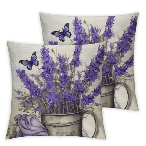 MLJA Natural Vintage Farmhouse Pillowcase Lavender Purple Flowers Pillow Cover Bird Butterfly Plant Cushion Case Beautiful French Rustic Pillow Cover for Sofa Garden Outdoor Bedroom Car 2Pcs