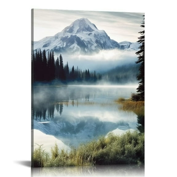 COMIO Nature Landscape Canvas Wall Art: Modern Lake Scene Picture Print Vertical Misty Forest Mountain Painting Artwork Decor for Living Room Bedroom Office