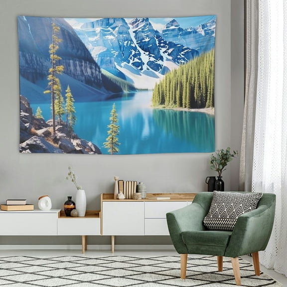COMIO  Nature Tapestry, Moraine Lake Banff National Park Canada Mountains Pines Valley of The 10 Peaks, Wide Wall Hanging for Bedroom Living Room Dorm, Blue Green Grey