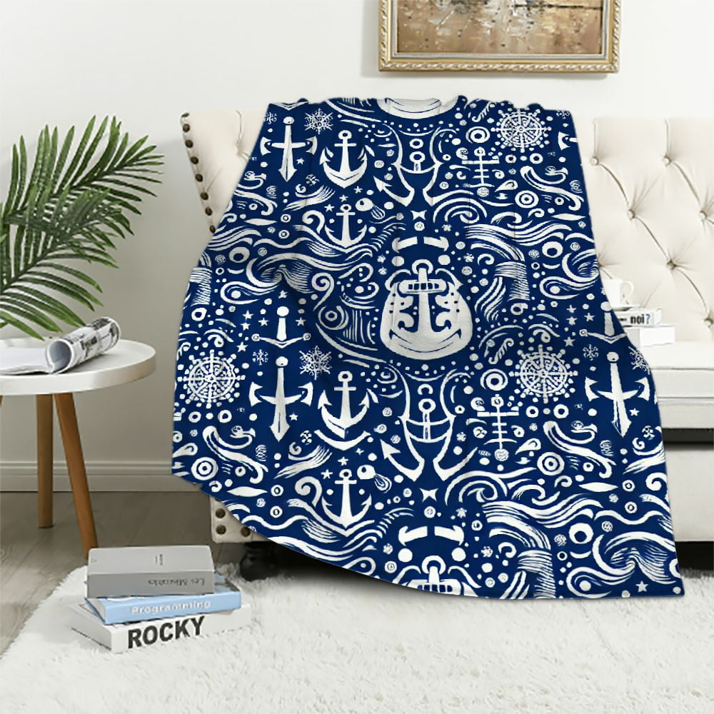 COMIO Nautical Anchor Blanket Gifts for Women Men, Ocean Themed Navy