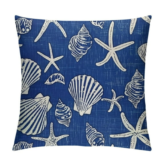 COMIO Nautical Coastal Outdoor Throw Pillows Cover Ocean Beach Sea Marine Life Starfish Seashell Conch Scallop Coral Crab Pillow Cover Pillow Cover for Couch Navy Blue(Beach)