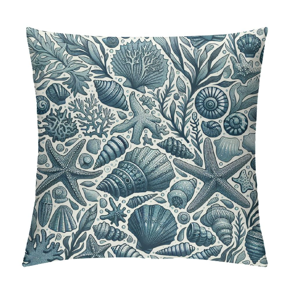 QZHH Nautical Coastal Pillow Covers Blue Beach Theme Ocean Seashell ...