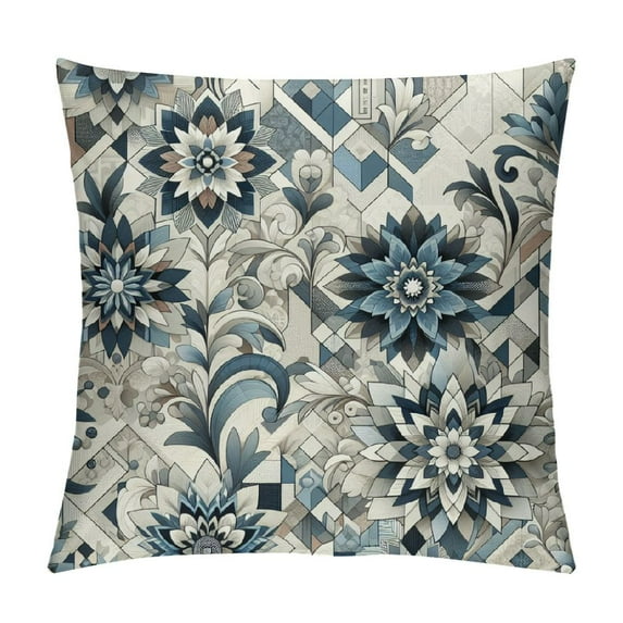YANMS Navy Blue Teal Pillow Covers Dahlia Modern Geometry Line Flower Summer Outdoor Decorative Throw Pillows Floral Farmhouse Pillowcases Cushion Case Decor for Home Sofa Couch Bed