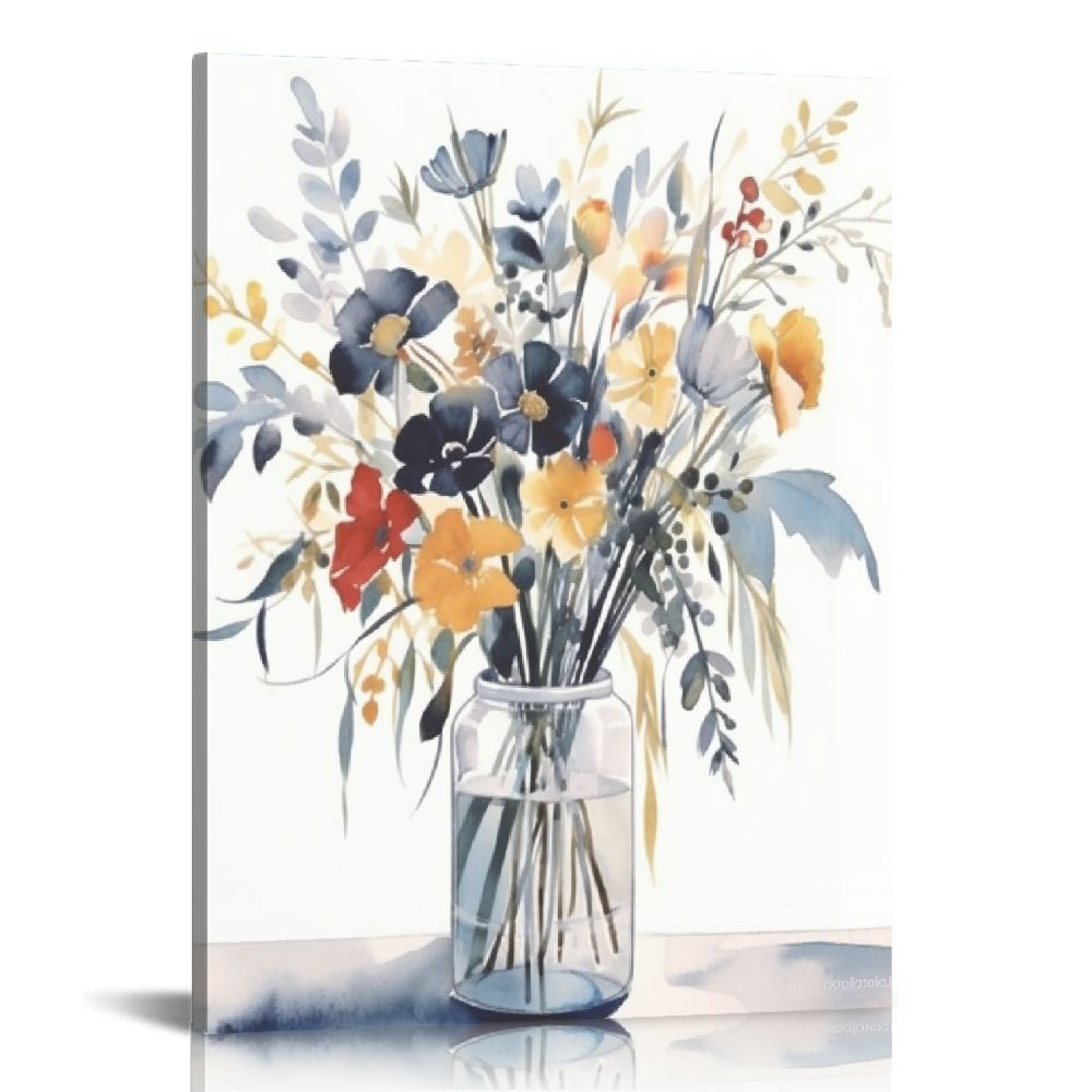 COMIO Navy Flowers Canvas Wall Art Watercolor Style Abstract Floral ...