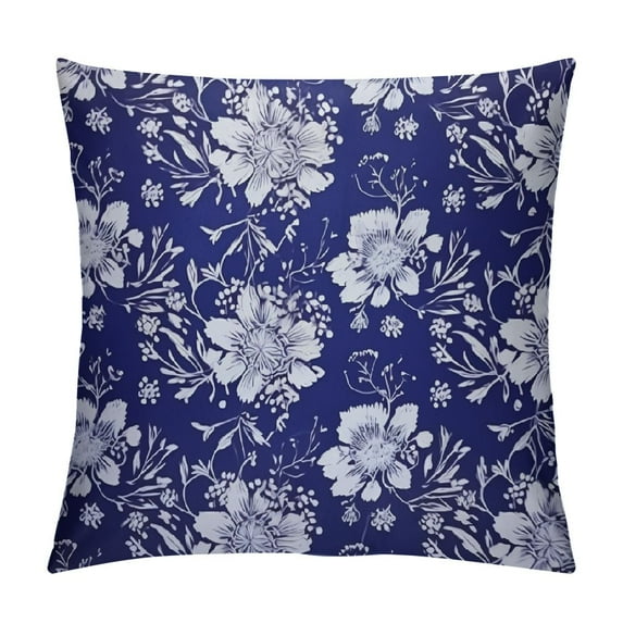 MLJA Navy and White Throw Pillow Cushion Cover, Scroll Pattern with Little Rural Wildflowers and Buds Feminine , Decorative Square Accent Pillow Case,Indigo White