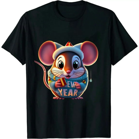 COMIO New Year's Mouse Happy New Year Portrait T-Shirt
