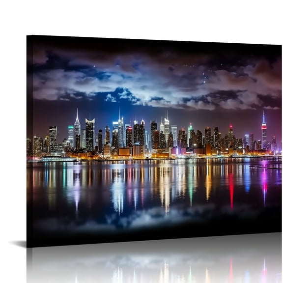 COMIO - New York City Canvas Wall Art Manhattan Skyline Panorama on Cloudy Night Picture Giclee Art Print Modern Home Office Wall Decoration Stretched Canvas Ready to Hang 20x16 inch