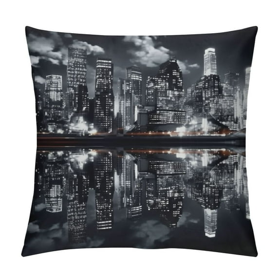 COMIO Night City Landscape Decorative Square Throw Pillow Covers Rise Building Reflection Square Decorative Cushion Case for Couch Sofa Chair Bed