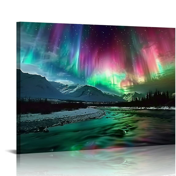COMIO Northern Lights Wall Art Colorful Aurora Borealis Painting Forest Mountain Canvas Prints Nature Landscape Home Decor Framed