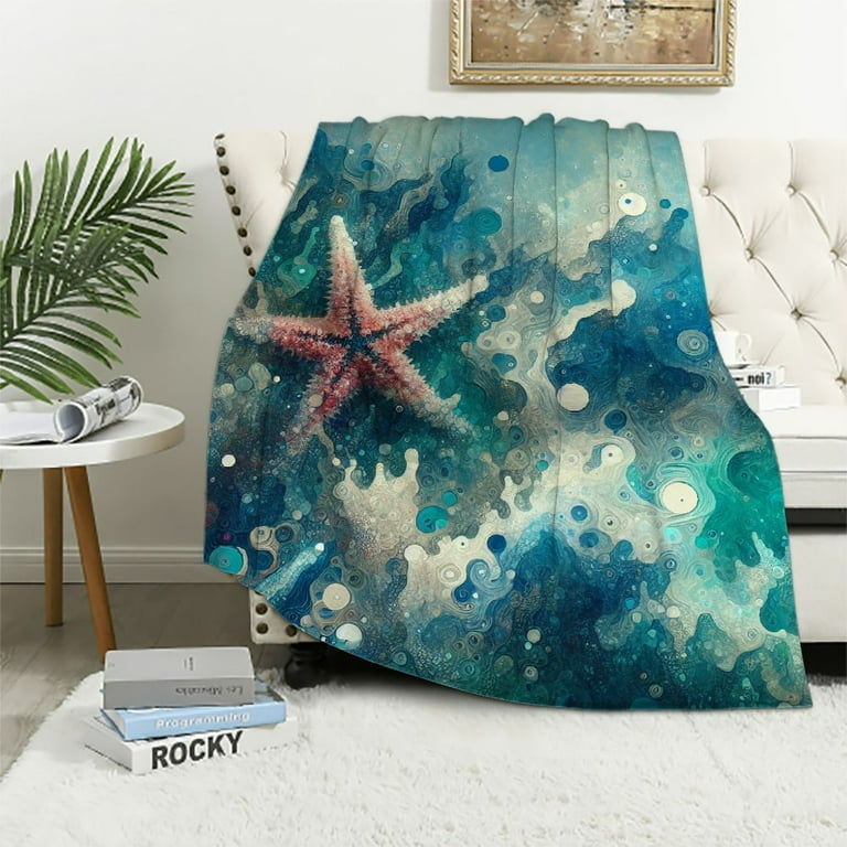 Colorful starfish coastal design top throw Sherpa Fleece Blanket of my art.