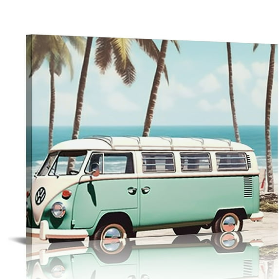 COMIO Ocean Beach Theme Wall Art Decor Coastal Tropical Palm Trees Cute Vintage Van Canvas Prints Poster for Living Room Bedroom Bathroom Decoration