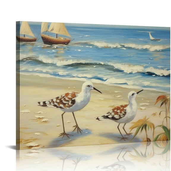 COMIO Ocean Framed Wooden Wall Art: Abstract Beach Oil Painting Style Sea Bird Pictures Ocean Prints Peaceful Coastal Artwork for Office 16"x12"