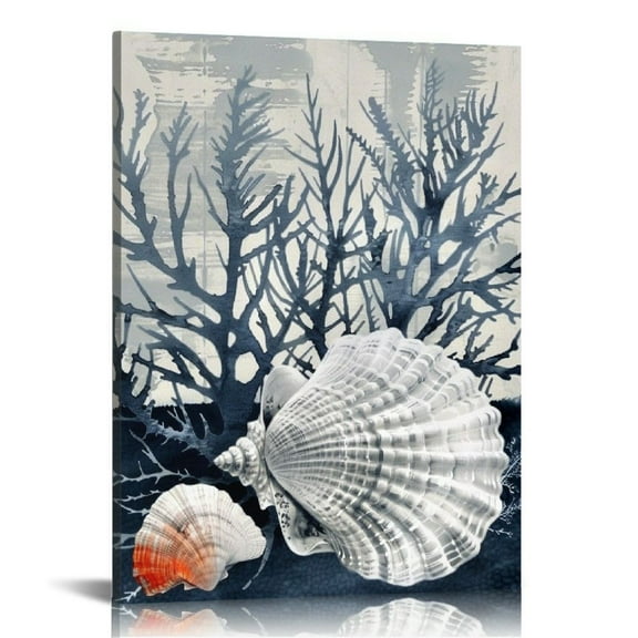 COMIO  Ocean Theme Canvas Wall Art Beach Coastal Shell Starfish Coral Navy Blue and White Nautical Picture for Bathroom Home Decoe Ready to Hang