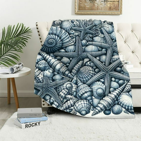COMIO Ocean Throw Blanket, Sealife Sea Shells and Sand Stones Deep Water Blue Toned Design, Flannel Accent Piece Soft Couch Cover for Adults,Navy White