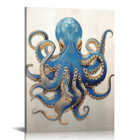 COMIO Octopus Decor Wall Art For Bedroom Ocean Life Theme Painting Framed Print Blue and Gold Sea Animal Picture Coastal Artwork for Wall Decoration 16x20in