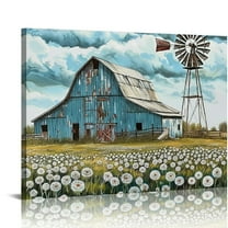 COMIO  Old Barn Canvas Wall Art Farmhouse Windmill Pictures Country Blue Barn White Flowers Painting for Living Room Home Decor Frame